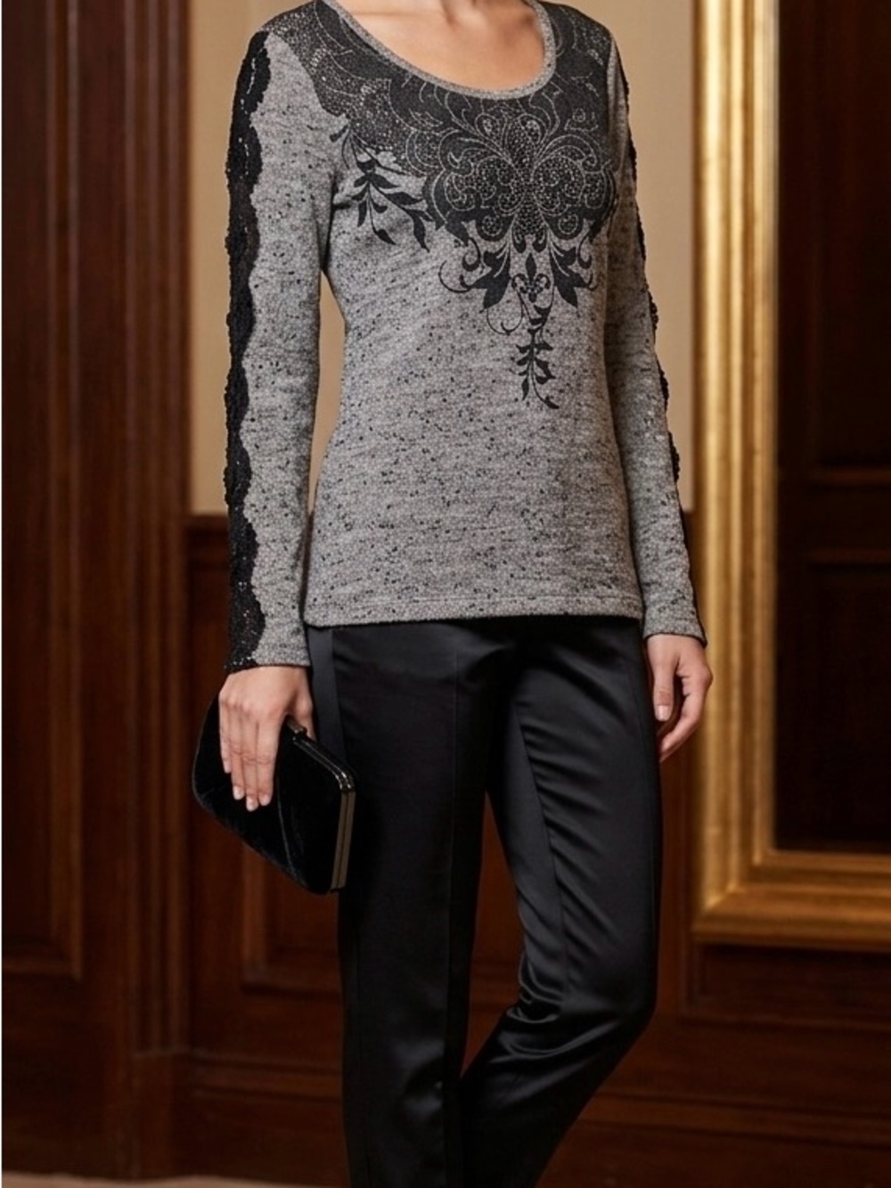 Vocal Gray Long-Sleeve Top with Black Lace Sleeves & Printed Front